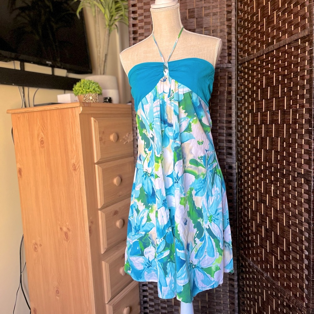 Strapless Floral Print Halter Mini Dress